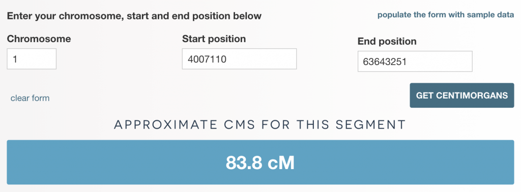 Results screen for cM estimator tool