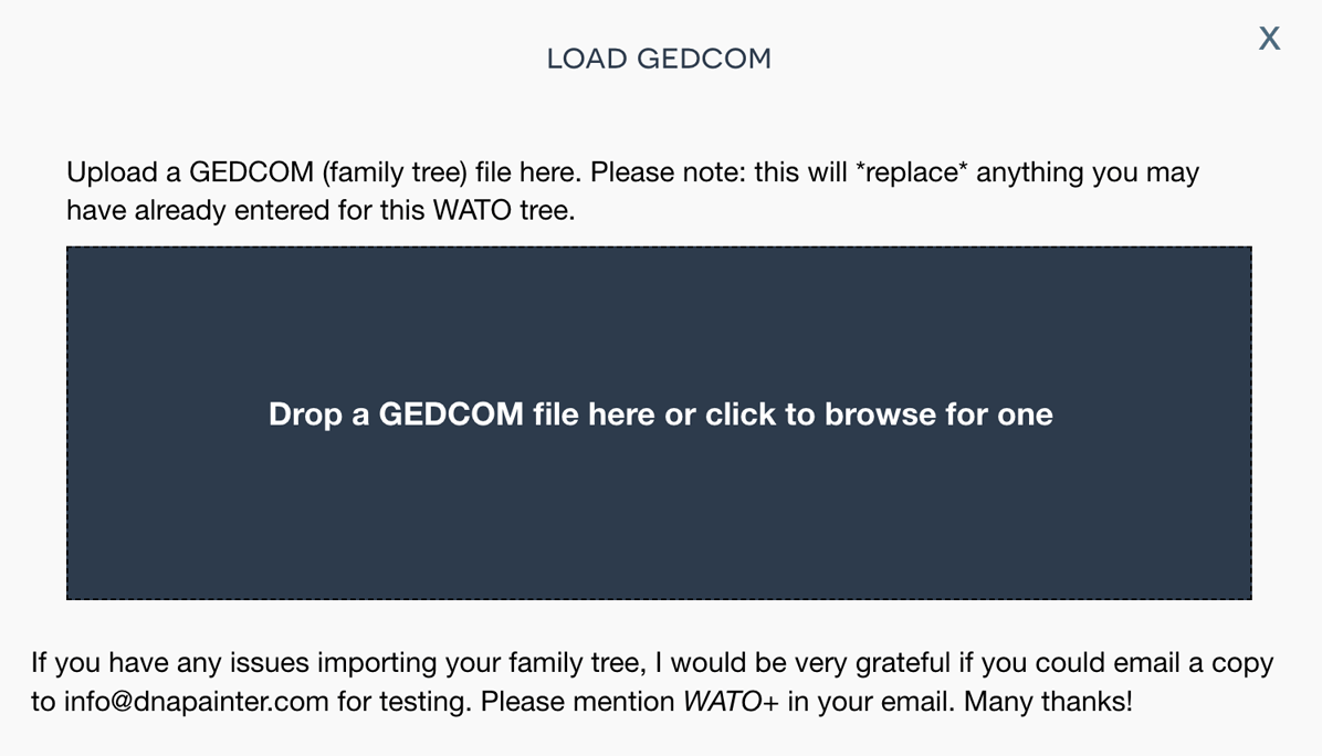 Screenshot of the gedcom import form