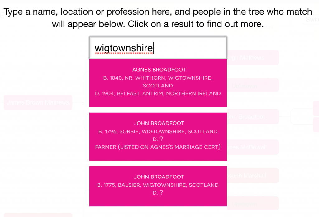 Search interface for ancestral trees showing a search for Wigtownshire bringing up results from my Broadfoot family of Sorbie, Cutcloy and Balsier