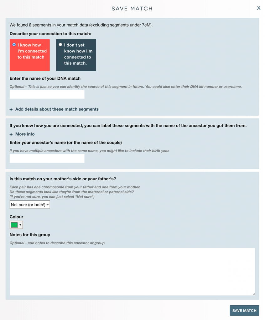 The 'Save match' form. It's big but most fields are optional