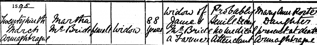 Irish death record for Martha McBride