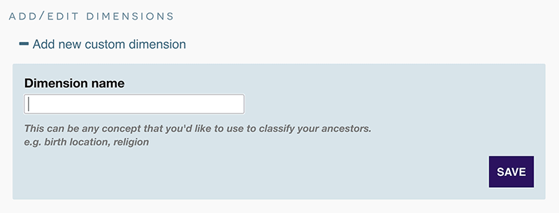 The add/edit dimensions form for adding a new DNA Painter dimension