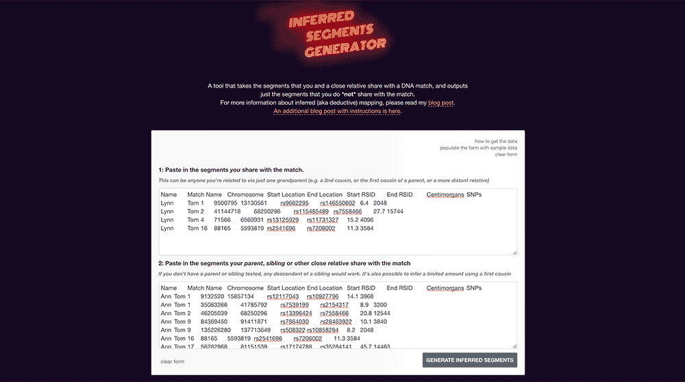 The inferred segments generator entry screen at DNA Painter