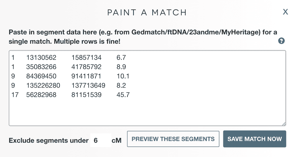 The 'Paint a match' form with the inferred segments pasted in