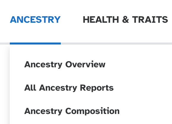 The 23andMe Ancestry menu item showing the Ancestry Composition link