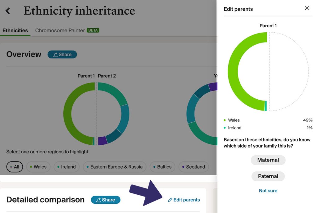 The 'edit parents' option at AncestryDNA