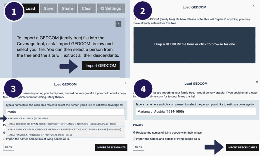 The steps to import a GEDCOM in the DNA coverage estimator tool