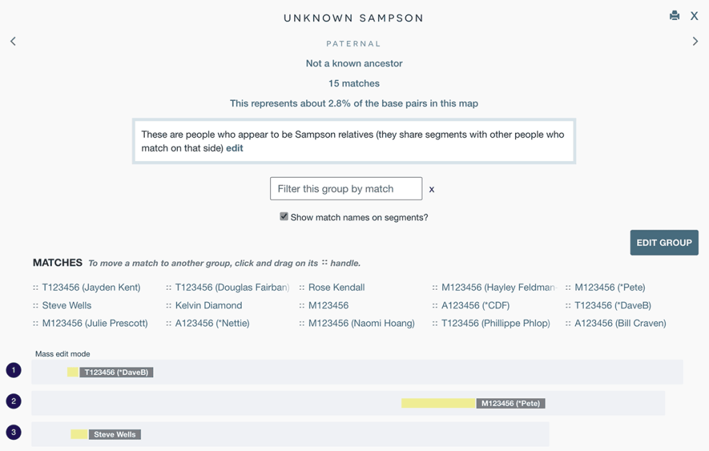 The group overlay showing the 'show match names' checkbox checked.