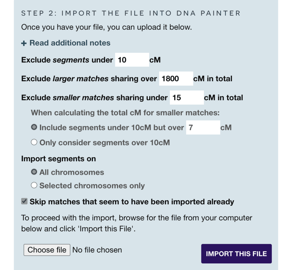 The import form at DNA Painter showing options and thresholds