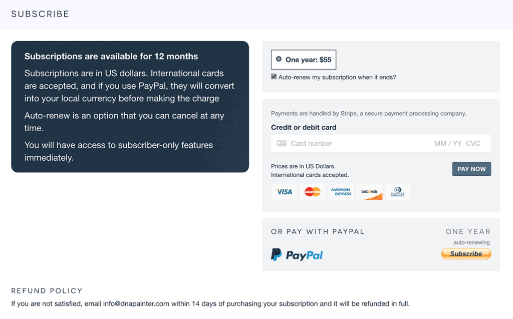 The payment form for DNA Painter subscriptions