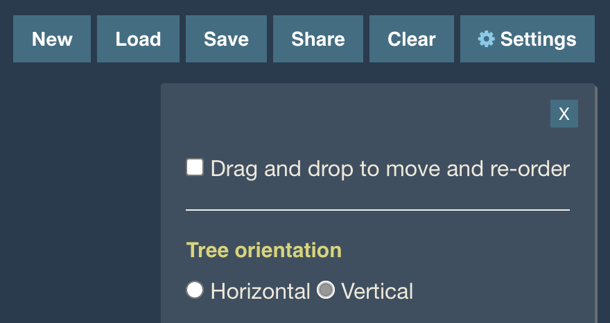 The new tree orientation option is under 'Settings' in the top right menu.