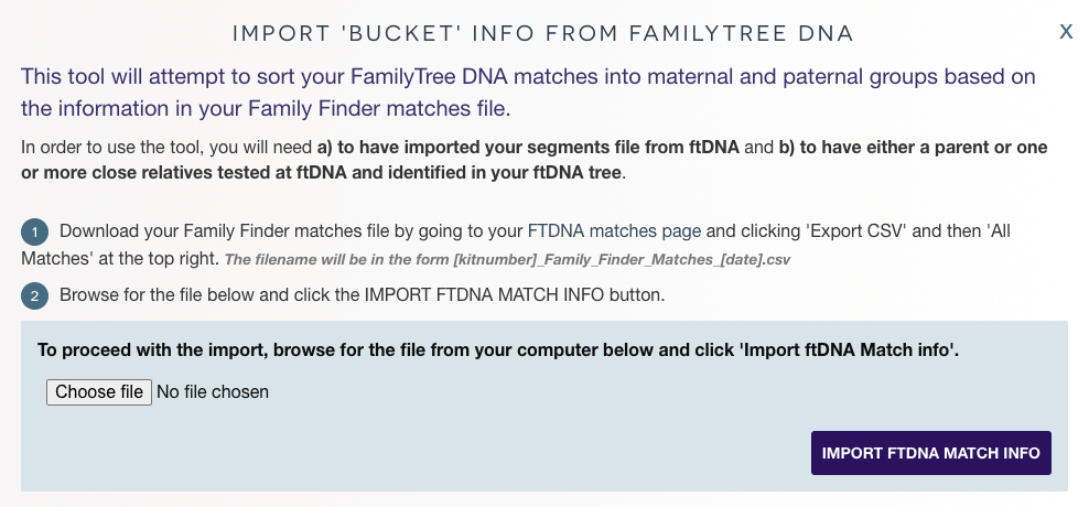 The interface for the Import mat/pat info from ftDNA tool