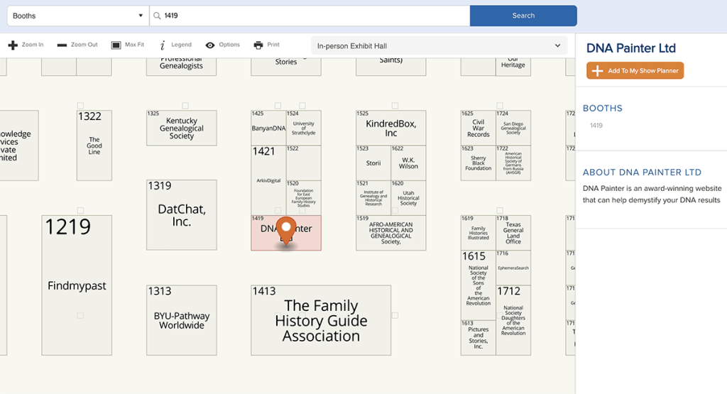 Expo hall map showing the DNA Painter booth at RootsTech 2025